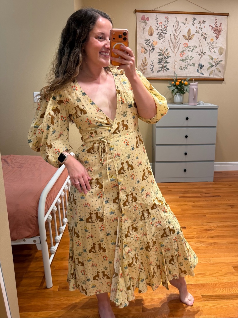 Tuckernuck Rhode Rare Animal Yellow Floral Wrap Midi Dress with Puff Sleeves XS